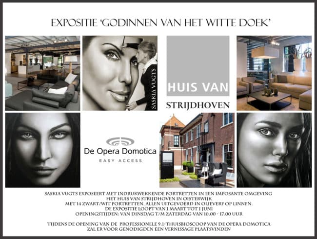Flyer expositie 'Godinnen van het witte doek', van Saskia Vugts, in het Huis van Strijdhoven in Oisterwijk.