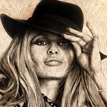 Brigitte Bardot 115x115cm olieverf op brokaat doek met Jaquard motief. (32334)mooiste maarten