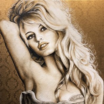 Saskia-Vugts_Portretschilder Brigitte Bardot rosé goudenbrokaatstof 100x100 maarten