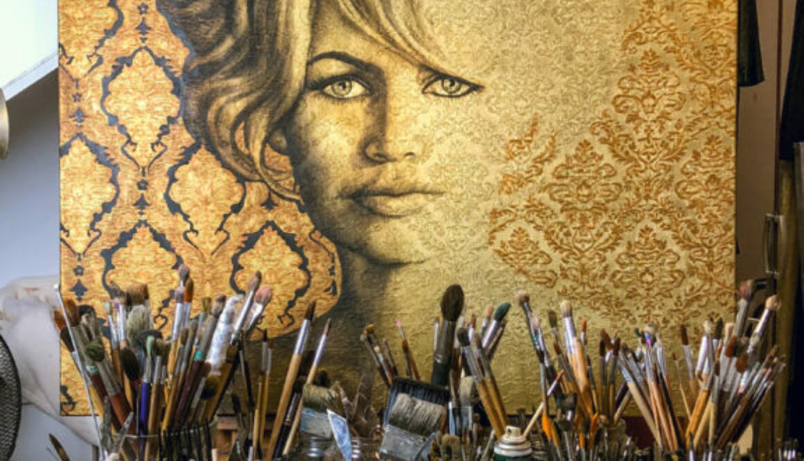 Brigitte Bardot in olieverf op brokaatstof geschilderd